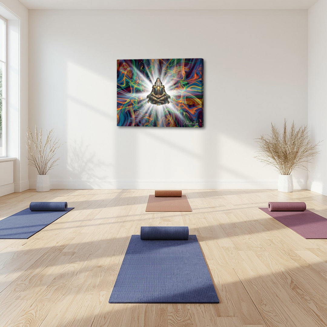The Logos – visionary fractal artwork by Patrick Zion displayed in a peaceful yoga studio, featuring a levitating sage surrounded by radiant light and flowing abstract patterns, evoking inner clarity and universal intelligence.
