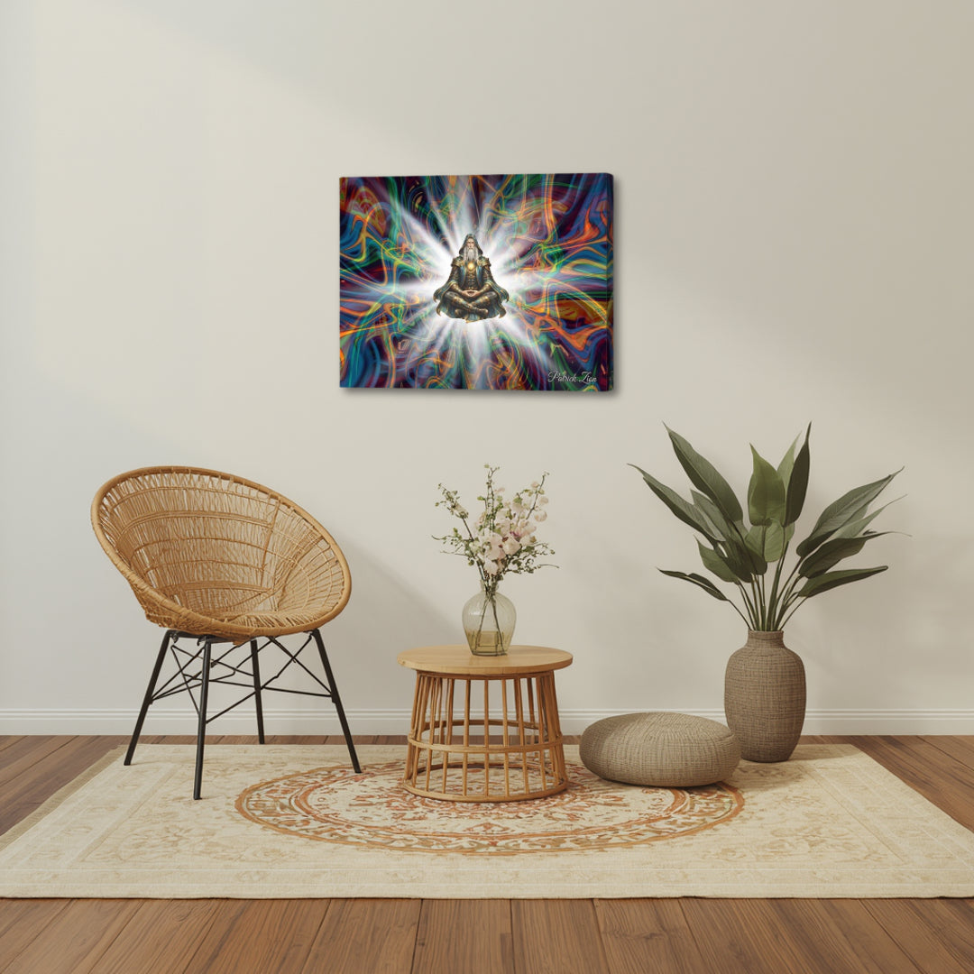 The Logos – spiritual fractal canvas art by Patrick Zion displayed in a serene home interior, featuring a meditating figure radiating light at the center of flowing multicolored fractal patterns, symbolizing universal intelligence, harmony, and the underlying order of existence.