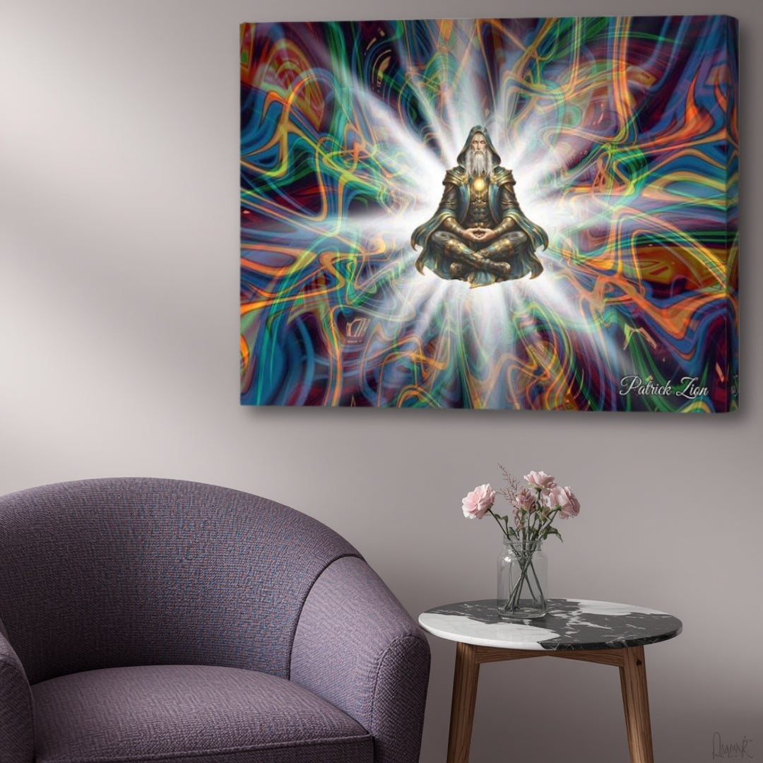 The Logos- up close spiritual fractal wall art canvas by Patrick Zion displayed in modern living room, meditating elder figure and mystical energy design, vibrant psychedelic decor.