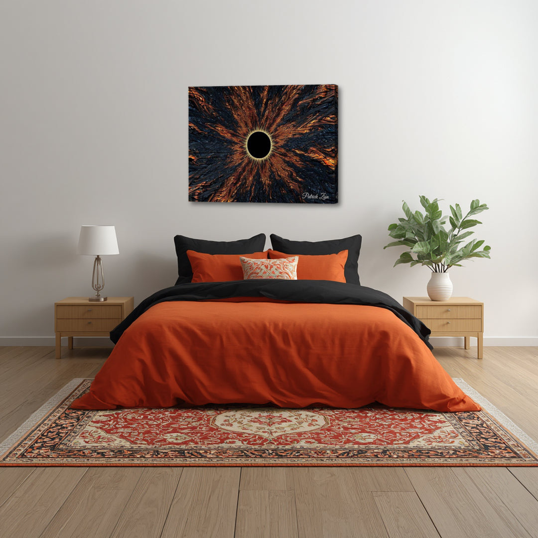 The Nigredo – alchemy-inspired fractal canvas art by Patrick Zion above a modern bedroom, showcasing a powerful black center encircled by molten energy patterns, evoking introspection, rebirth, and deep transformation.