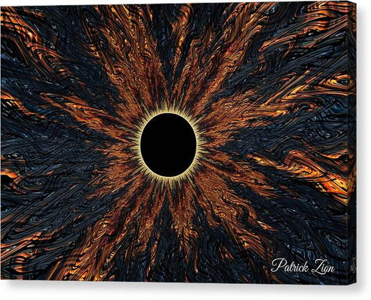 The Nigredo – visionary abstract art print by Patrick Zion, mirrored edge version showing a hypnotic solar-like vortex of fractal energy, representing the first stage of spiritual awakening.