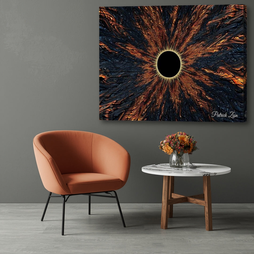 The Nigredo – dark alchemy-inspired fractal canvas artwork by Patrick Zion displayed in a modern interior with an up-close view, featuring a black solar eclipse motif, fiery copper energy textures, and intense shadowy cosmic patterns symbolizing transformation and rebirth.