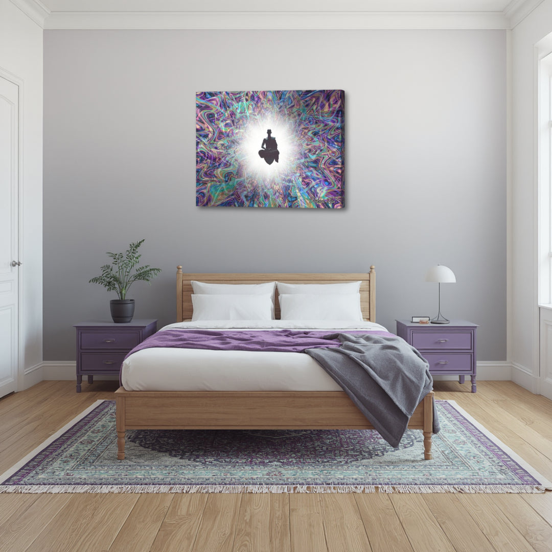 The Primordial Being – spiritual fractal canvas art by Patrick Zion displayed above a minimalist bedroom bed, featuring a radiant meditating figure emerging from swirling cosmic light patterns creating a peaceful and introspective ambiance.