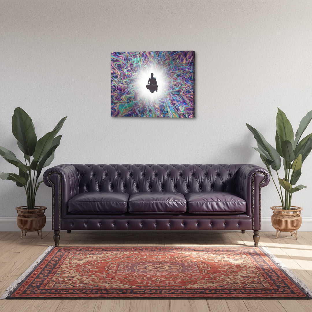 The Primordial Being – spiritual fractal canvas art by Patrick Zion displayed above a modern living room sofa, featuring a radiant meditating figure emerging from swirling cosmic light patterns creating a contemplative and transformative atmosphere.