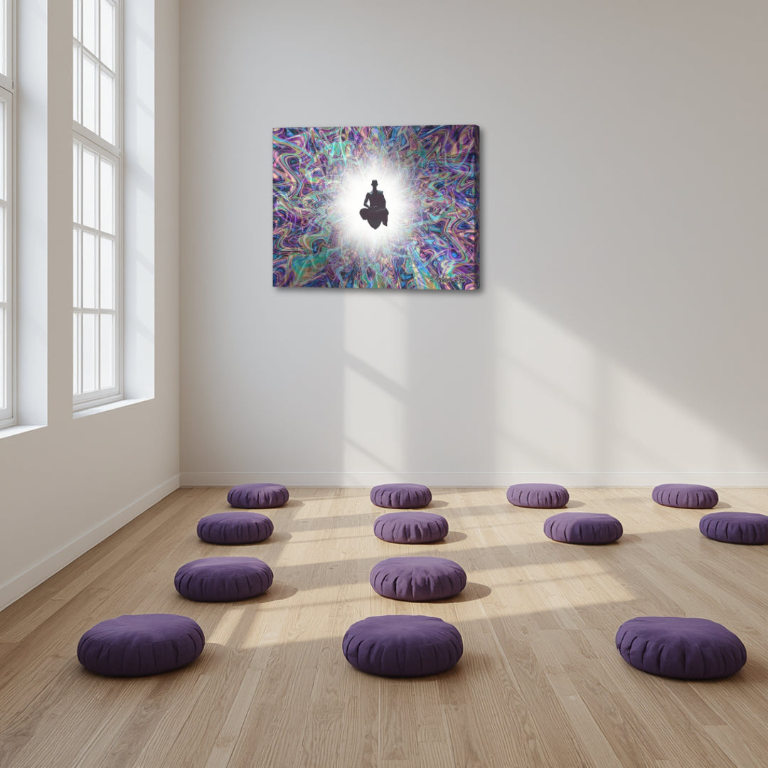 The Primordial Being – psychedelic fractal canvas art by Patrick Zion displayed in a serene meditation room, featuring a radiant meditating figure emerging from swirling cosmic light patterns expressing unity, awareness, and transcendence.
