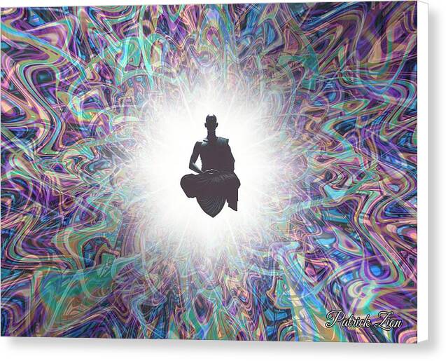 The Primordial Being – luminous fractal wall art by Patrick Zion, white edge version depicting a meditating silhouette surrounded by radiant sacred light and colorful flowing geometry representing the origin of creation.