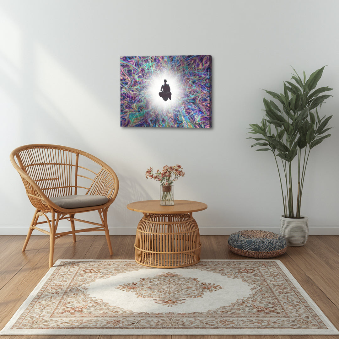 The Primordial Being – spiritual fractal canvas by Patrick Zion displayed in a boho minimal corner setting, featuring a meditative silhouette surrounded by radiant colorful fractal patterns, symbolizing the origin of consciousness, inner awakening, and the infinite nature of existence.