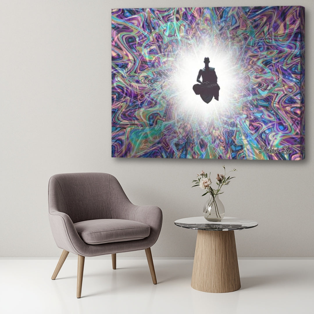 The Primordial Being- up close spiritual canvas wall art by Patrick Zion showcased in minimalist modern interior, glowing spiritual figure surrounded by colorful abstract energy patterns and tranquil mystical atmosphere.