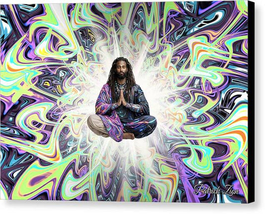 The Seeker – spiritual fractal canvas art by Patrick Zion, black edge version featuring a floating meditation figure surrounded by luminous sacred geometry and vibrant psychedelic fractal energy symbolizing transcendence and awakening.