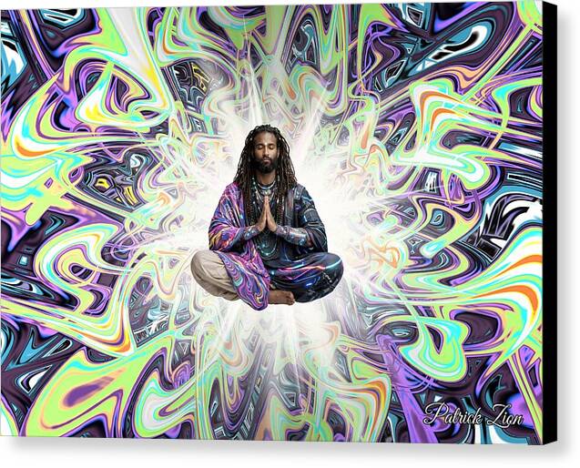 The Seeker – spiritual fractal canvas art by Patrick Zion, black edge version featuring a floating meditation figure surrounded by luminous sacred geometry and vibrant psychedelic fractal energy symbolizing transcendence and awakening.
