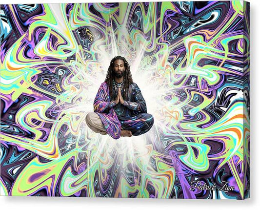 The Seeker – spiritual fractal canvas art by Patrick Zion, mirrored edge version depicting a levitating meditating mystic in radiant sacred geometry light with reflected psychedelic fractal patterns blending seamlessly into the edges.