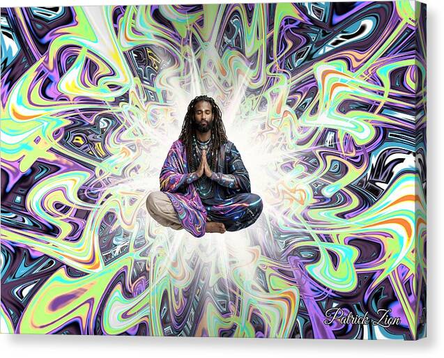 The Seeker – spiritual fractal canvas art by Patrick Zion, mirrored edge version depicting a levitating meditating mystic in radiant sacred geometry light with reflected psychedelic fractal patterns blending seamlessly into the edges.