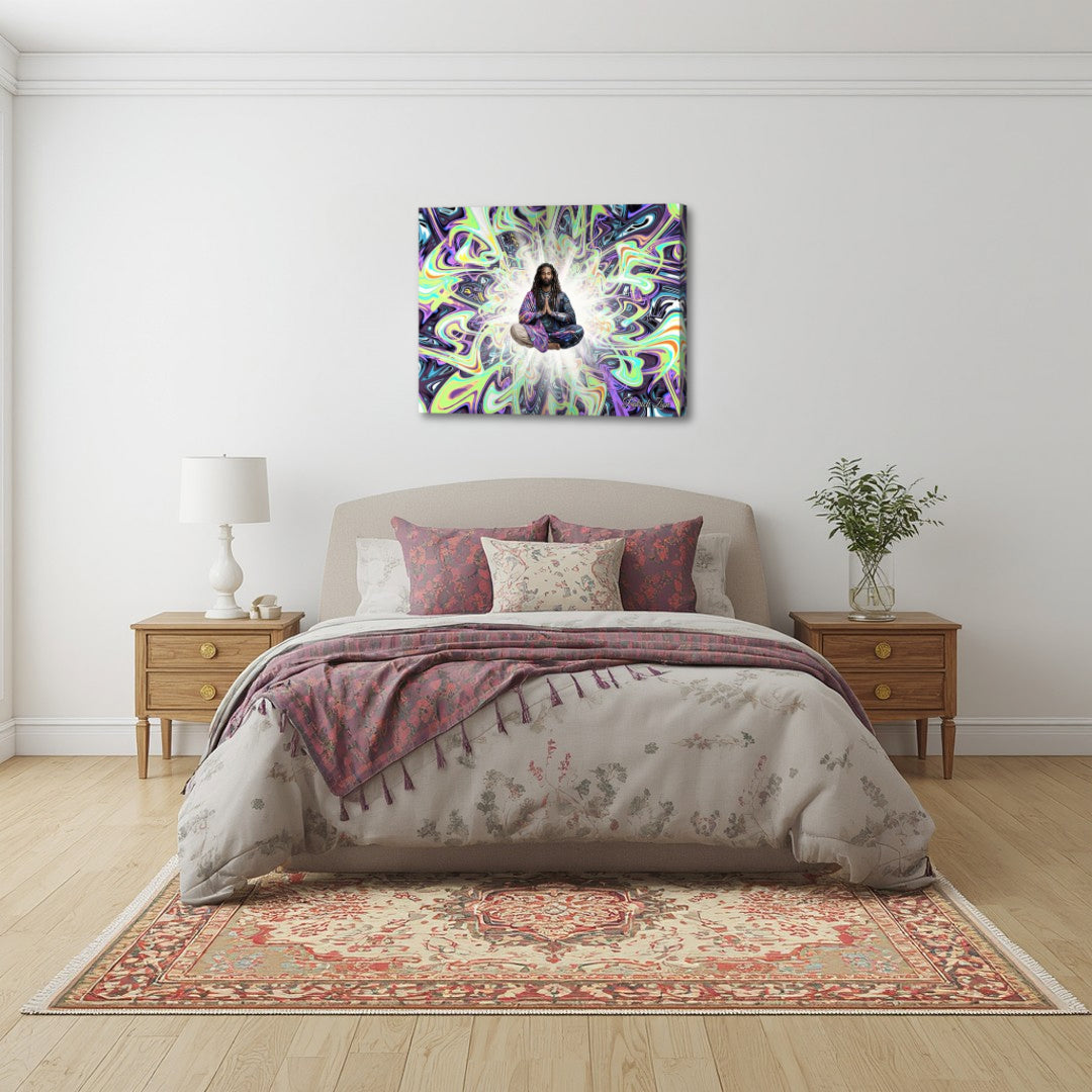 The Seeker – spiritual fractal canvas art by Patrick Zion displayed above a bed in a cozy bedroom setting, featuring a meditating figure surrounded by luminous swirling fractal patterns, evoking inner peace, reflection, and a sense of spiritual awakening.
