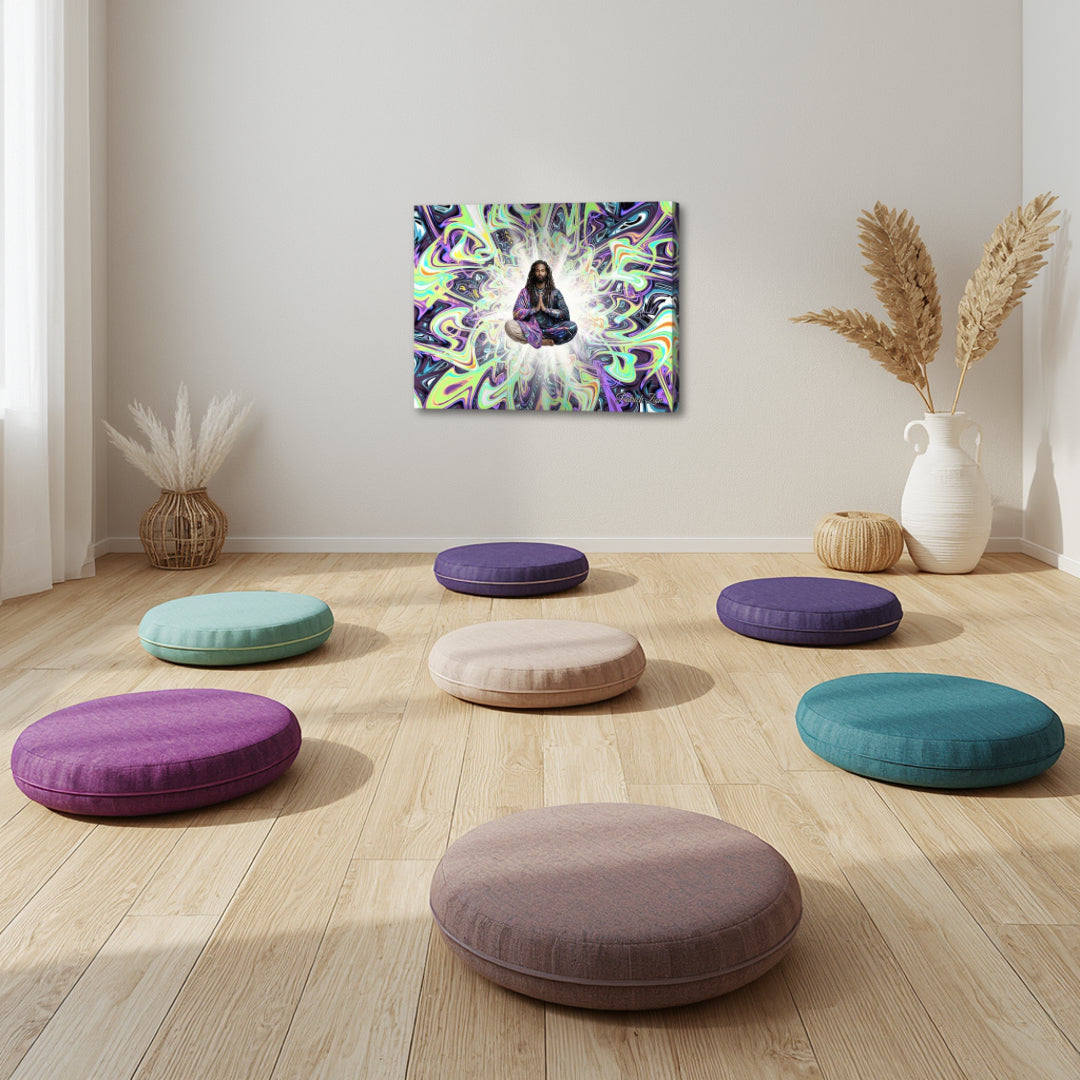 The Seeker – spiritual fractal canvas art by Patrick Zion displayed in a meditation space with floor cushions, featuring a levitating figure surrounded by radiant swirling fractal light, evoking mindfulness, inner stillness, and spiritual awakening.