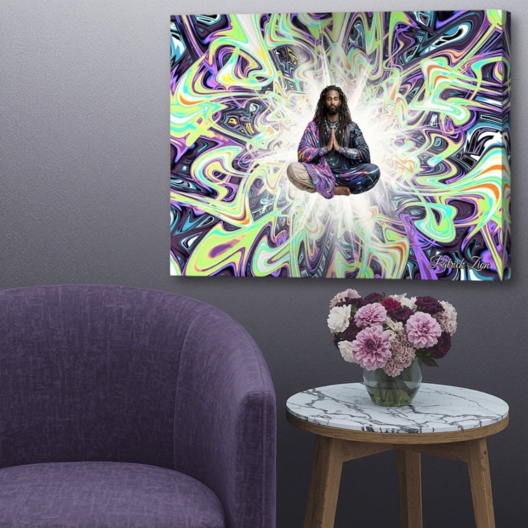 The Seeker- up close visionary meditation spiritual canvas wall art by Patrick Zion displayed in modern spiritual interior, levitating mystic figure surrounded by radiant psychedelic energy patterns and calming atmosphere.