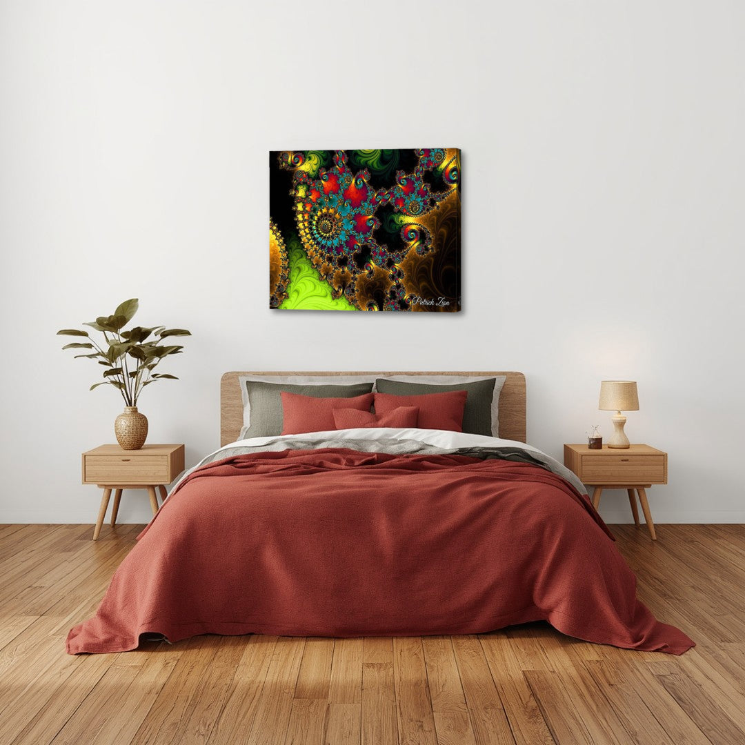 The Touch of Orient – psychedelic fractal canvas art by Patrick Zion displayed above a modern bedroom bed, featuring vivid golden and emerald fractal spirals with intricate geometry creating a calming yet vibrant ambiance.