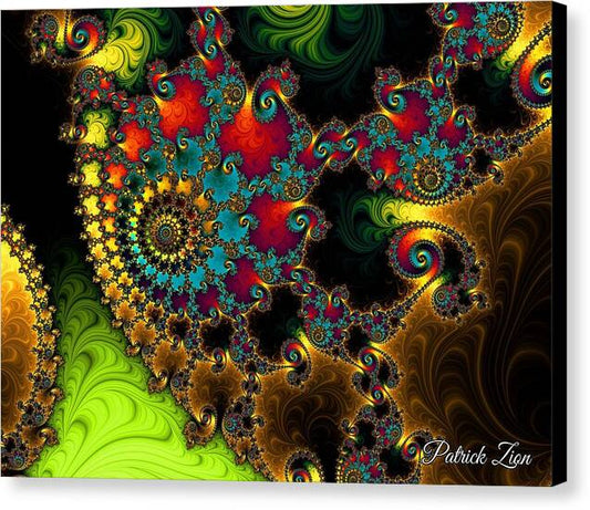 The Touch of Orient – psychedelic fractal canvas art by Patrick Zion, black edge version featuring intricate golden, red, and turquoise fractal spirals inspired by oriental mysticism and sacred geometry.