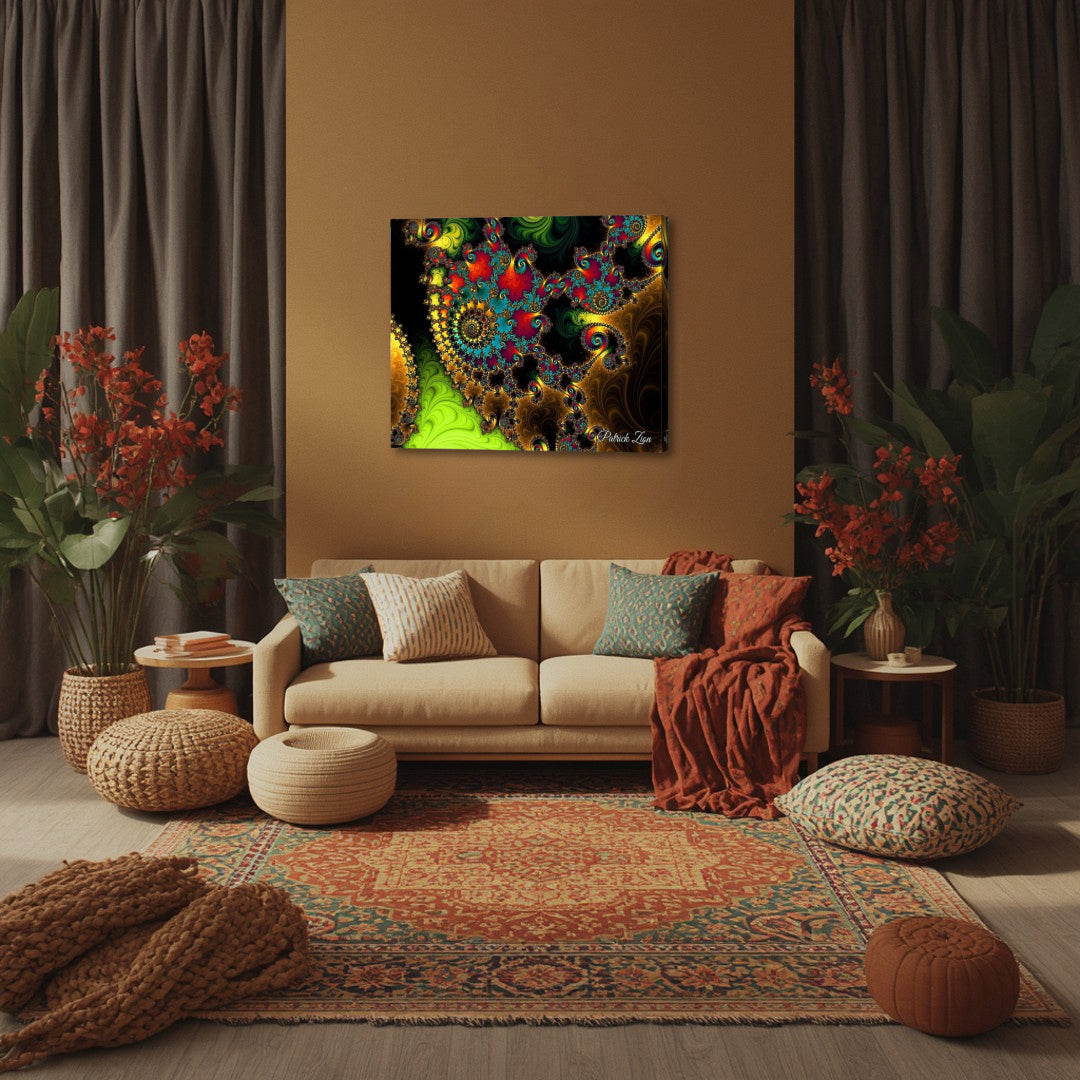 The Touch of Orient – psychedelic fractal canvas art by Patrick Zion displayed in a warm boho-style living room, featuring vivid golden and emerald fractal spirals reflecting oriental beauty and intricate sacred geometry patterns.