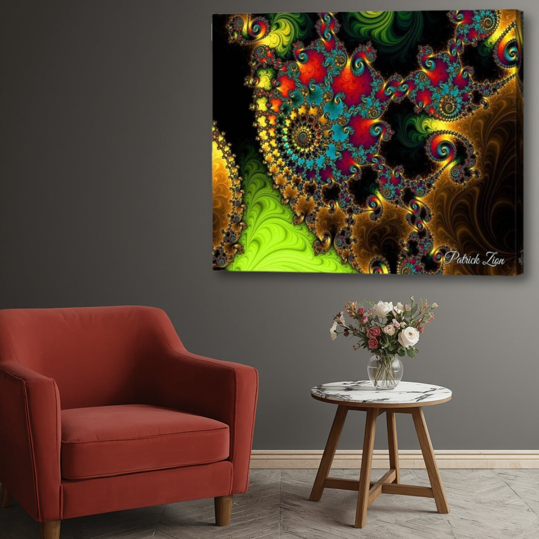 The Touch of Orient – psychedelic fractal canvas art by Patrick Zion shown in an up-close view in a warm boho-style living room, featuring vivid golden, emerald, turquoise, and red fractal spirals with intricate sacred geometry patterns.