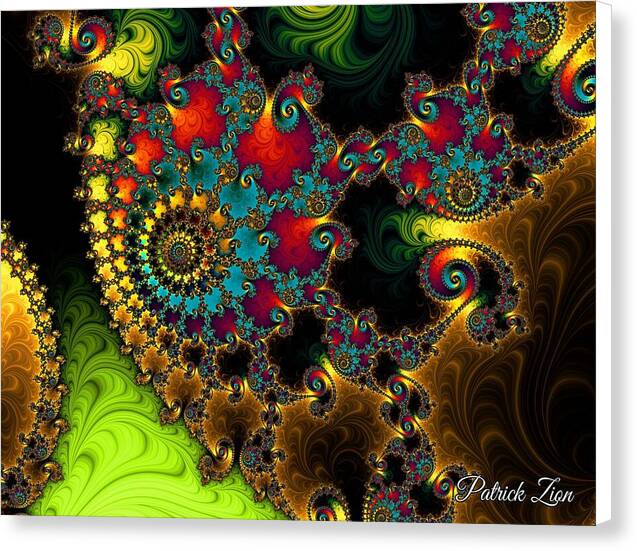 The Touch of Orient – spiritual fractal wall art by Patrick Zion, white edge version showing luminous oriental fractal swirls in gold, red, and turquoise tones symbolizing harmony, energy, and divine creation.