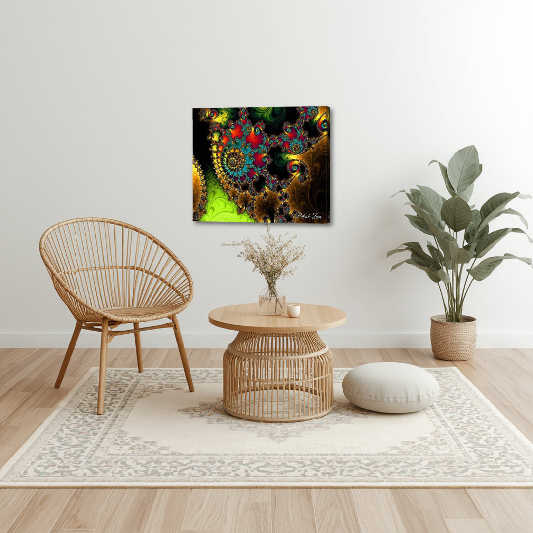 The Touch of Orient – intricate psychedelic fractal canvas by Patrick Zion displayed in a minimalist boho living space, featuring ornate swirling patterns in rich gold, green, and deep red tones, evoking Eastern-inspired aesthetics, sacred geometry, and a sense of mystical elegance.
