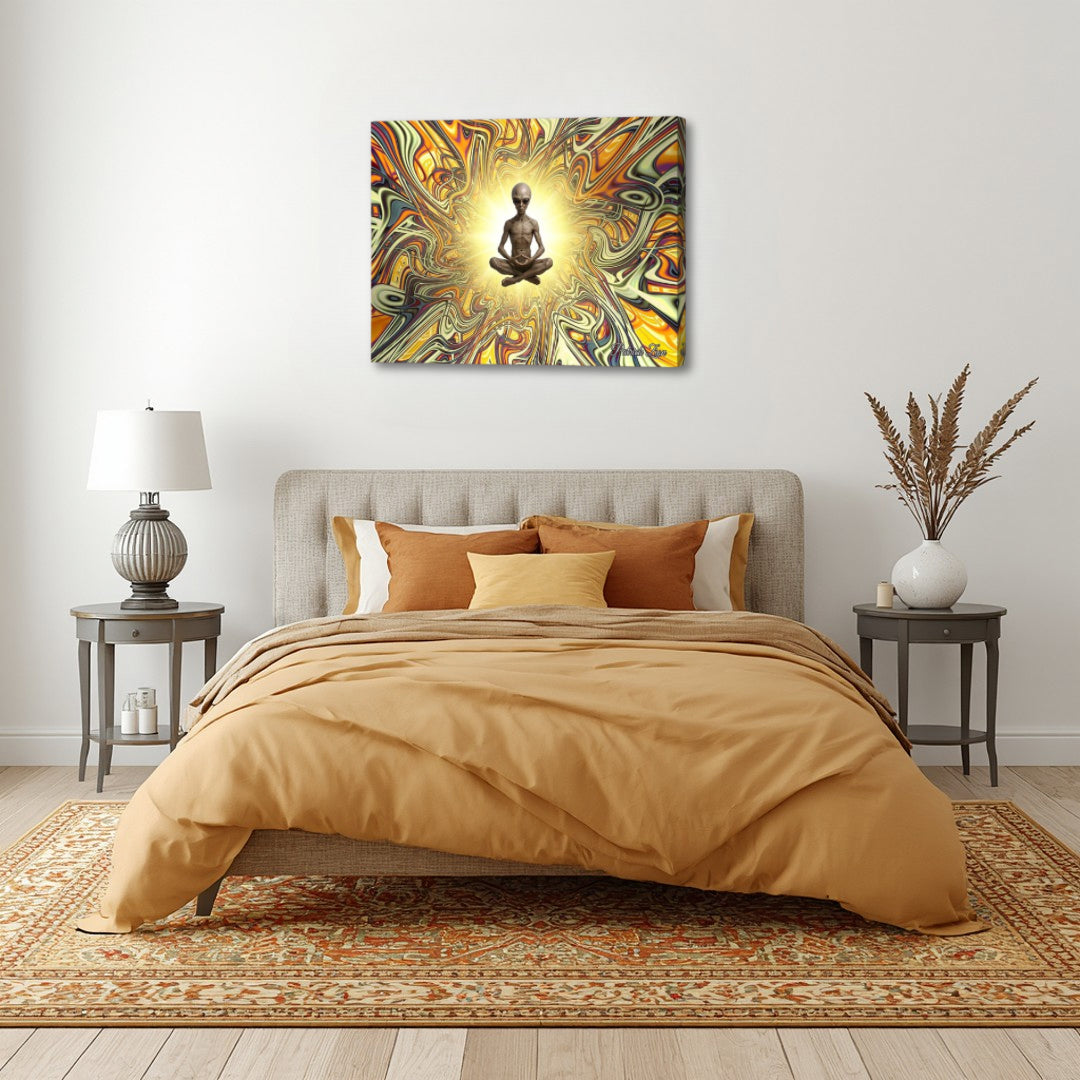 The Traveler From Beyond by Patrick Zion above a peaceful bedroom, depicting a serene alien-like meditative figure glowing within intricate fractal energy representing transcendence and universal awareness.
