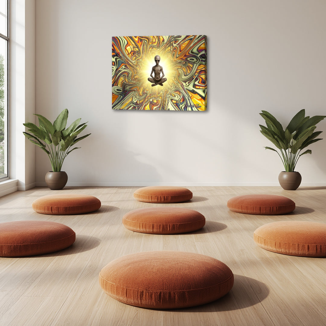 The Traveler From Beyond by Patrick Zion in a minimalist meditation space, featuring a glowing alien-like figure in deep meditation within luminous fractal light representing expanded awareness beyond the human mind.