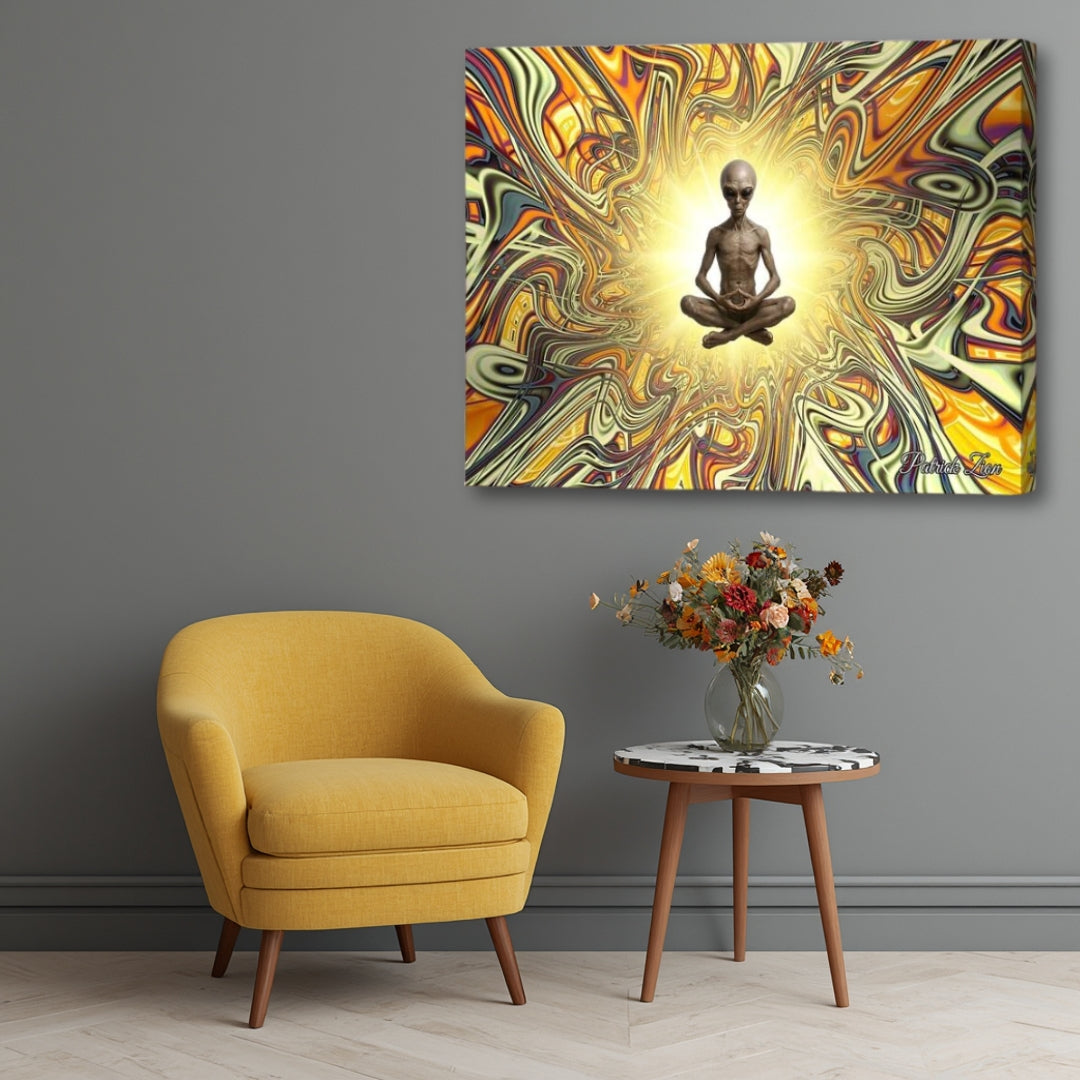 The Traveler from Beyond – visionary spiritual canvas artwork by Patrick Zion featuring a meditating extraterrestrial figure surrounded by radiant golden light and flowing fractal patterns. Symbolizing cosmic wisdom, expanded consciousness, interdimensional exploration, and the mystery of existence, displayed in a modern interior setting.