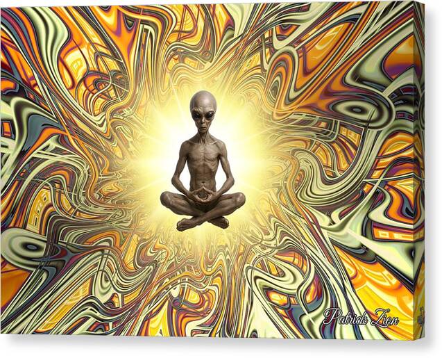 The Traveler from Beyond – psychedelic spiritual art print by Patrick Zion, mirrored edge version symbolizing enlightenment beyond the human realm through radiant fractal geometry and ethereal light.