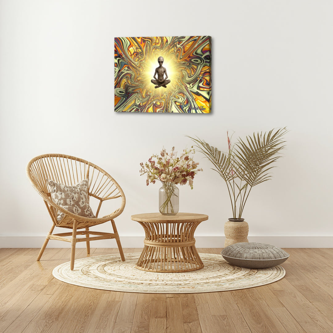 The Traveler From Beyond artwork by Patrick Zion in a cozy boho interior, showing a meditative extraterrestrial being surrounded by vibrant abstract fractal patterns symbolizing connection to the cosmos.