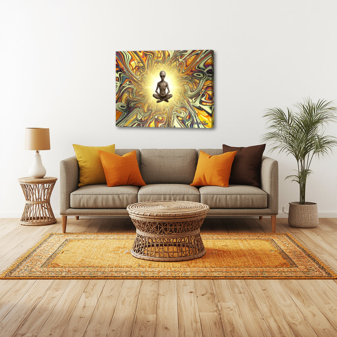 The Traveler From Beyond by Patrick Zion displayed in a modern living room, featuring a meditative extraterrestrial figure surrounded by radiant psychedelic fractal patterns symbolizing higher consciousness and cosmic awareness.
