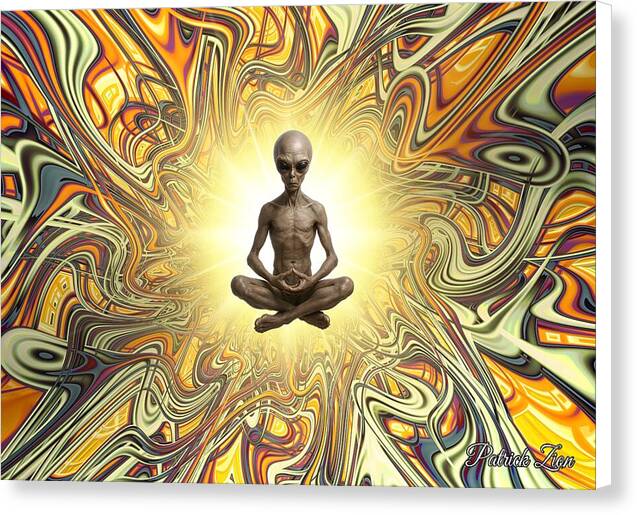 The Traveler from Beyond – mystical abstract canvas print by Patrick Zion, white edge version showing a meditative cosmic traveler surrounded by luminous fractal waves in gold and amber tones.
