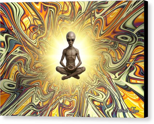 The Traveler from Beyond – visionary fractal art by Patrick Zion, black edge version depicting an extraterrestrial being meditating within radiant cosmic light and swirling energy patterns.