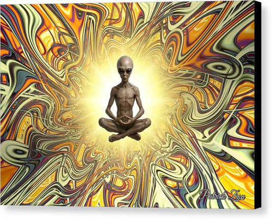 The Traveler from Beyond – visionary fractal art by Patrick Zion, black edge version depicting an extraterrestrial being meditating within radiant cosmic light and swirling energy patterns.