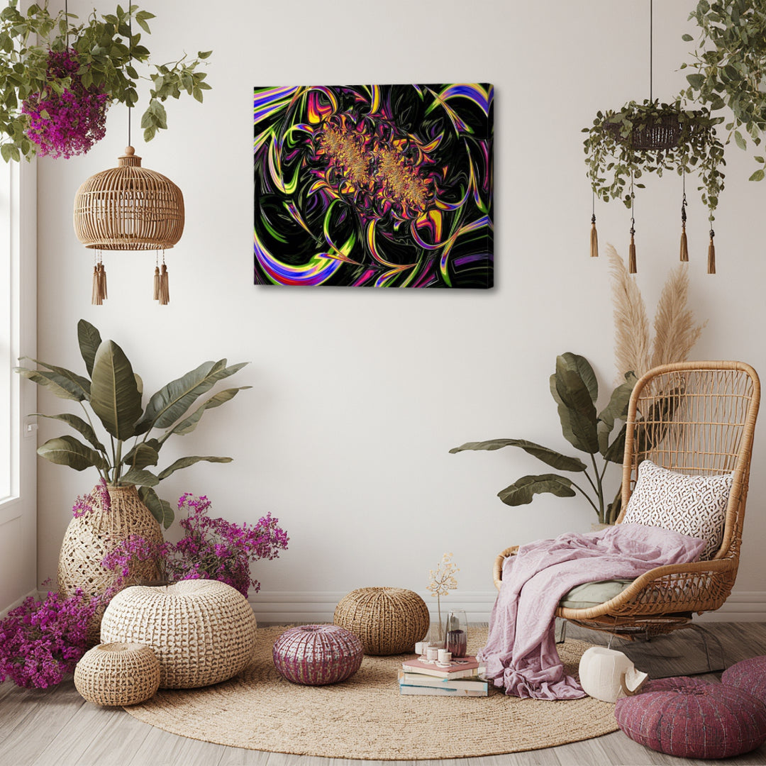 Tutti Frutti by Patrick Zion styled in a boho-inspired corner, blending natural elements with intense fractal color movement that brings a sense of creativity and joy.
