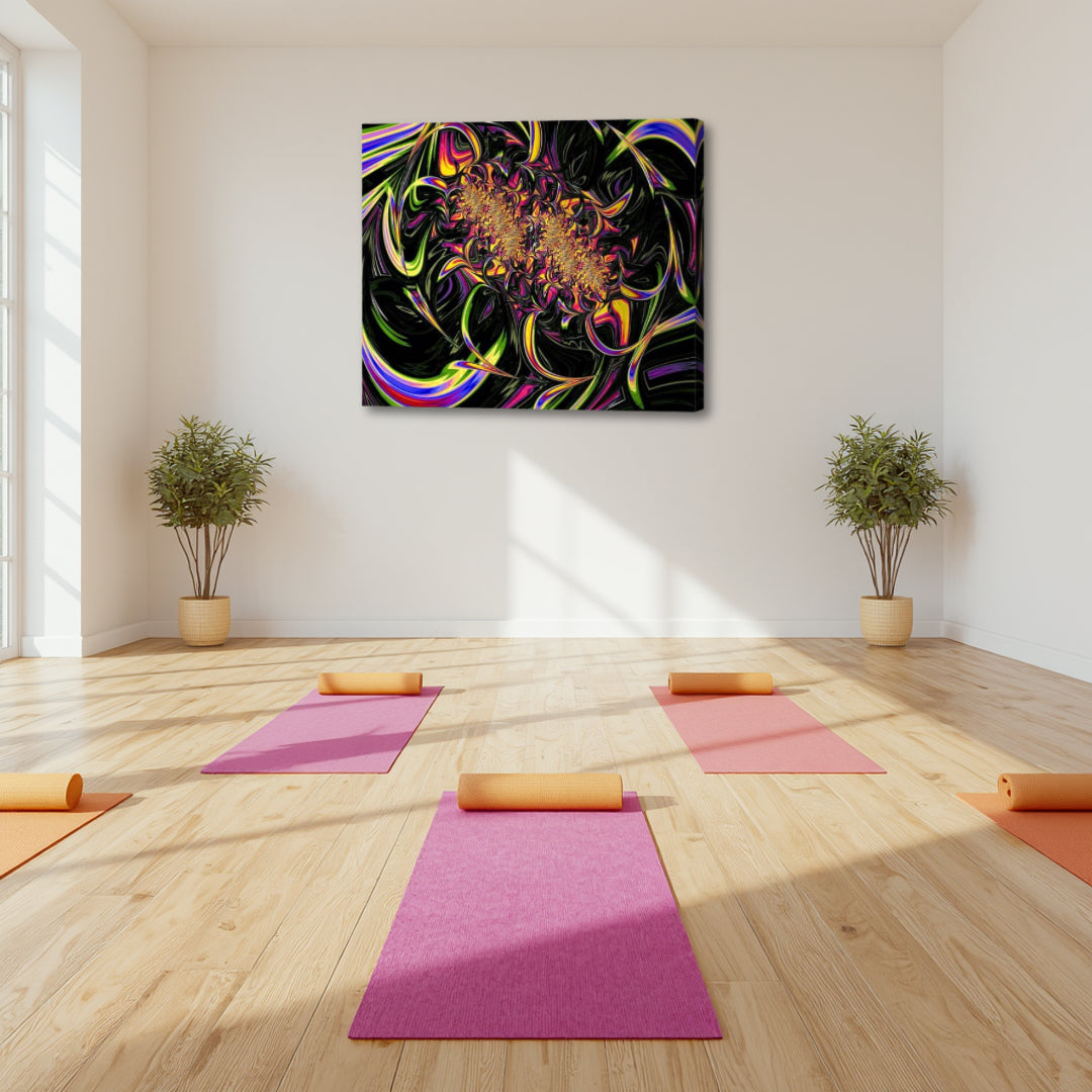 Tutti Frutti by Patrick Zion displayed in a bright yoga studio, featuring vibrant swirling fractal colors that energize the space and evoke a playful, uplifting atmosphere.