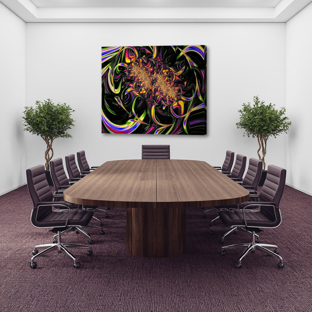 Tutti Frutti canvas wall art by Patrick Zion displayed above a large executive conference table in a contemporary boardroom. The artwork features vibrant neon fractal forms in pink, purple, gold, green, and black swirling around a luminous center, bringing creative energy, innovation, bold thinking, and artistic sophistication to a professional workspace.