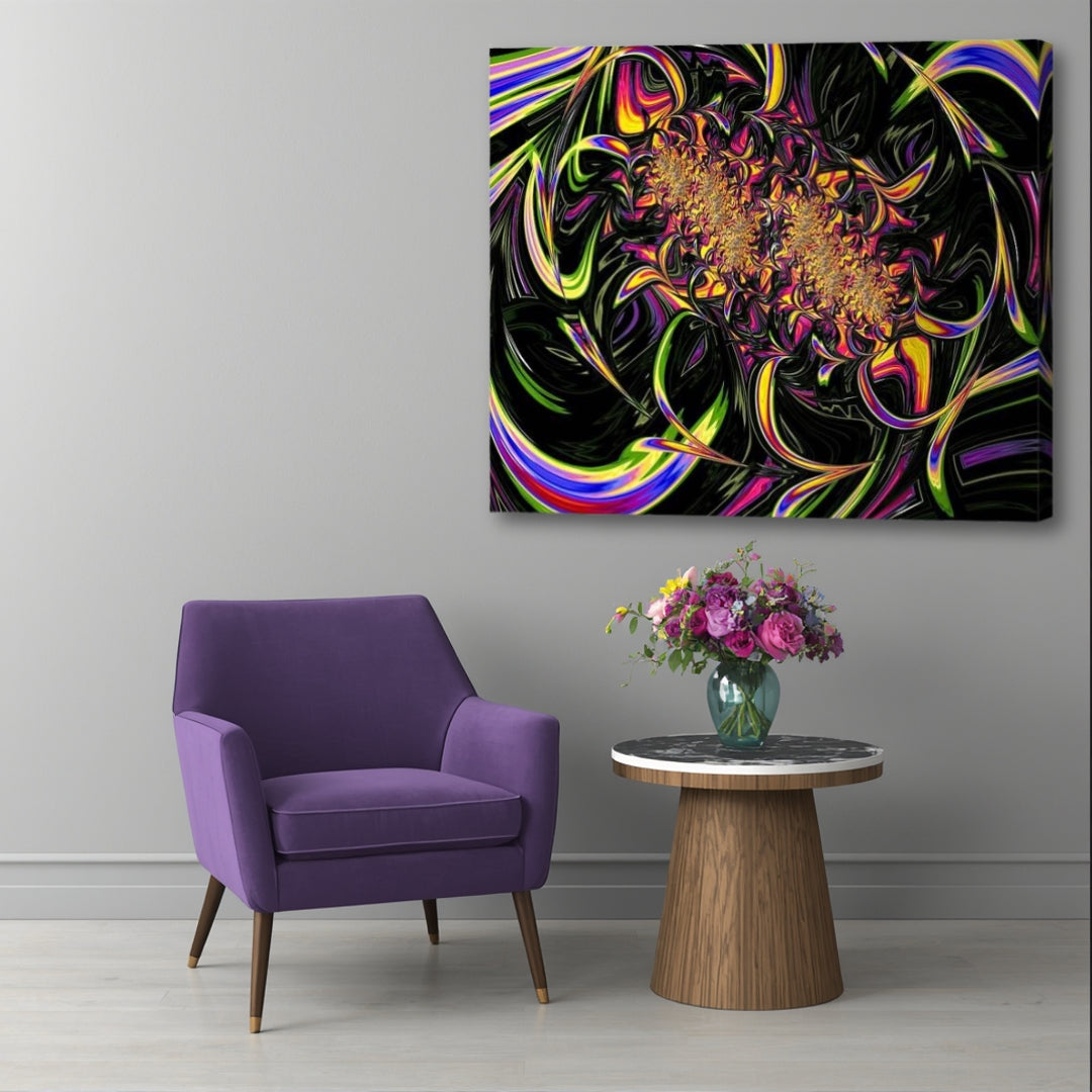 Tutti Frutti – vibrant psychedelic fractal canvas artwork by Patrick Zion displayed in a modern living room with an up-close perspective, featuring neon organic abstractions, radiant swirling energy forms, and colorful multidimensional patterns against a dark cosmic backdrop.