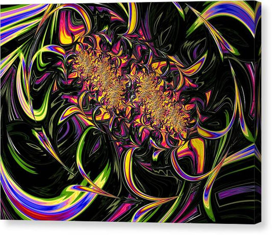 Tutti Frutti – visionary fractal canvas art by Patrick Zion, mirrored edge version filled with colorful organic patterns twisting through luminous black space, representing creative abundance and cosmic rhythm.