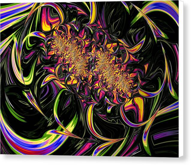 Tutti Frutti – abstract psychedelic canvas print by Patrick Zion, white edge version showcasing radiant waves of neon color and golden geometry blending into a vivid energetic flow that evokes joy and motion.