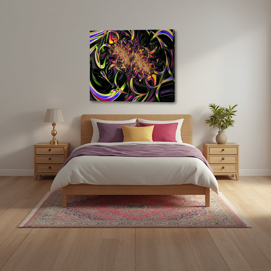 Tutti Frutti artwork by Patrick Zion above a cozy bedroom, showcasing a burst of vivid fractal patterns with dynamic color flows that add a lively and expressive touch.