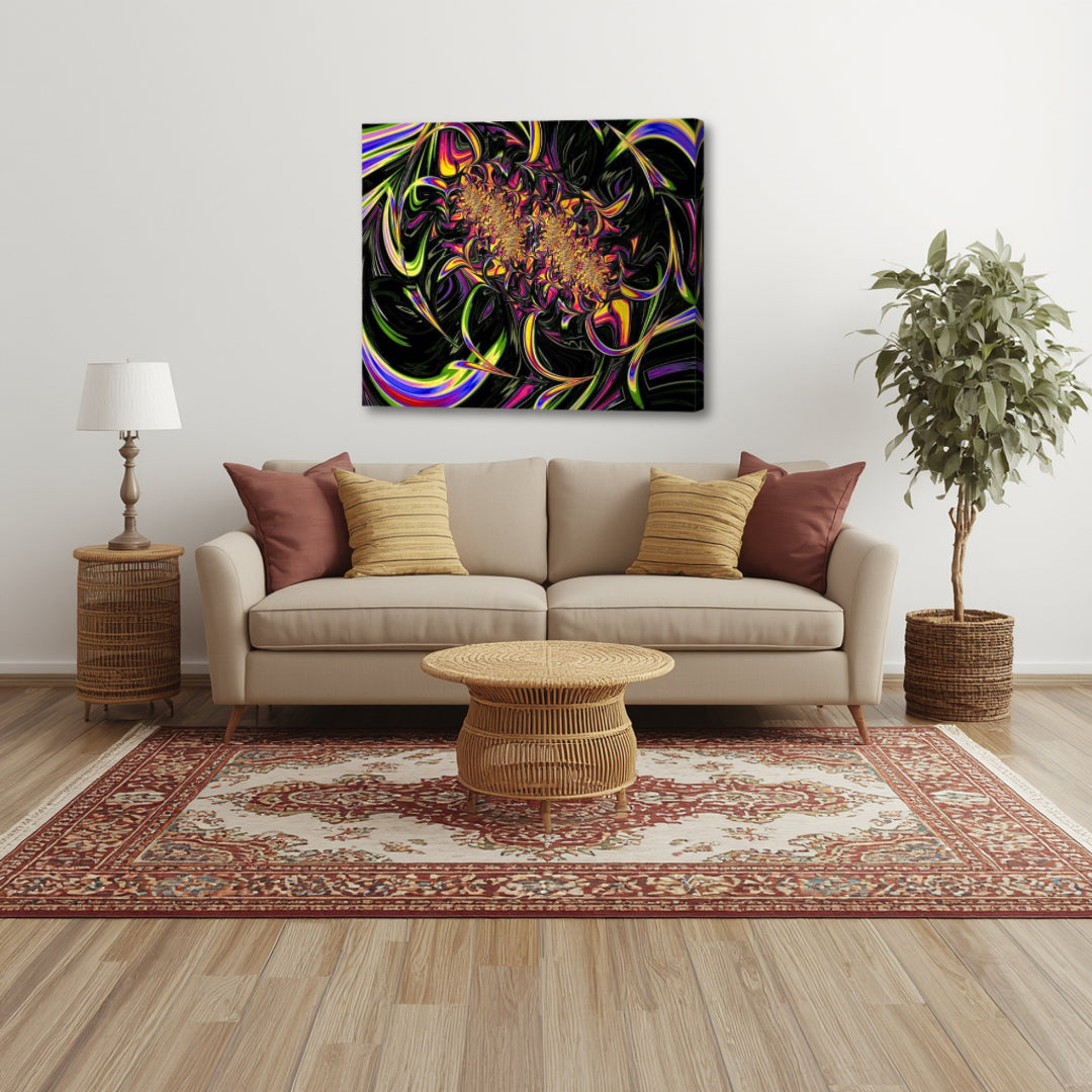 Tutti Frutti by Patrick Zion featured in a warm living room setting, where bold psychedelic fractal textures create a striking and energetic visual centerpiece.