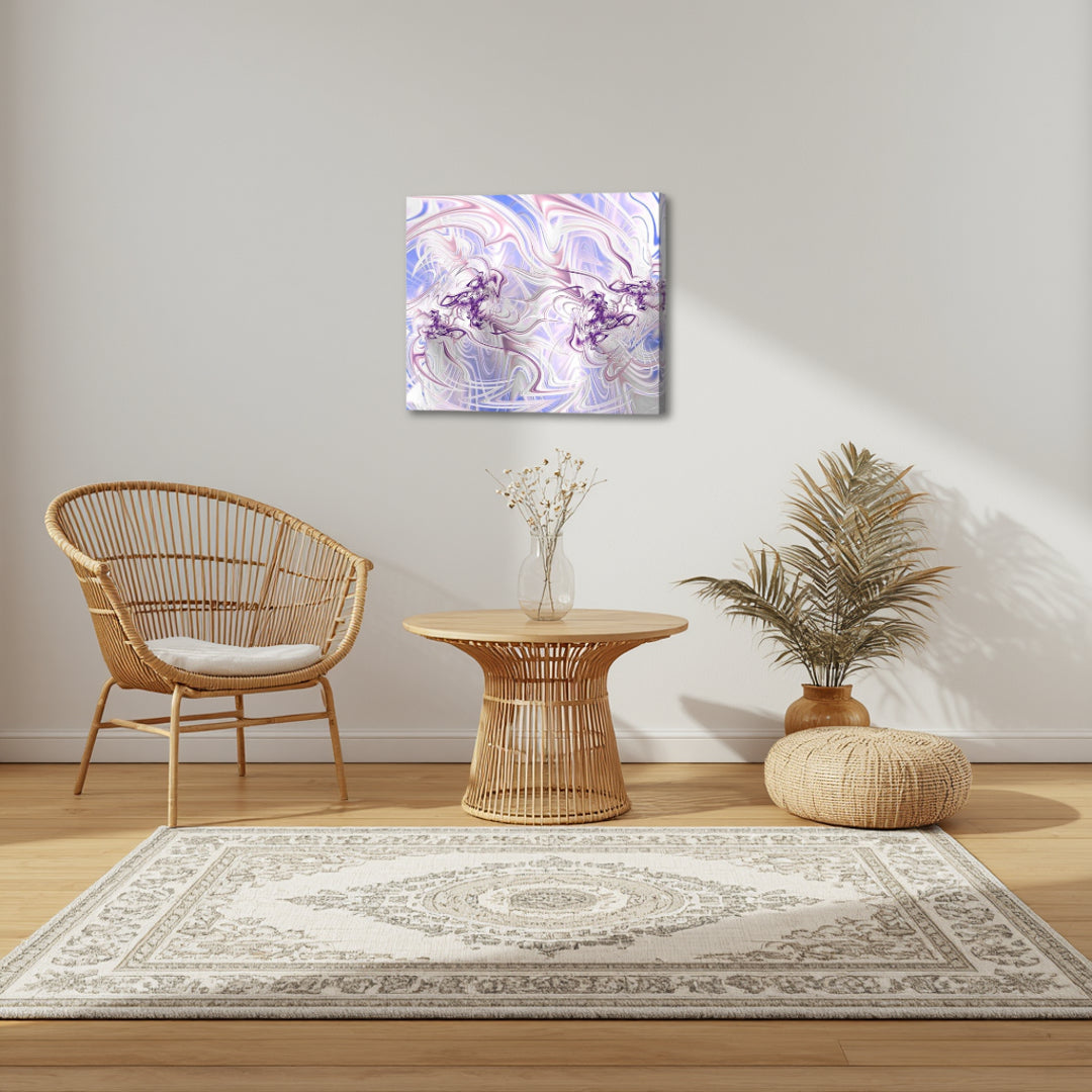 Velvet – abstract fractal canvas art by Patrick Zion displayed in an earthy boho-inspired living space with natural wood and woven textures, featuring soft flowing pastel patterns in lavender tones that bring a sense of calm, warmth, and gentle visual harmony.
