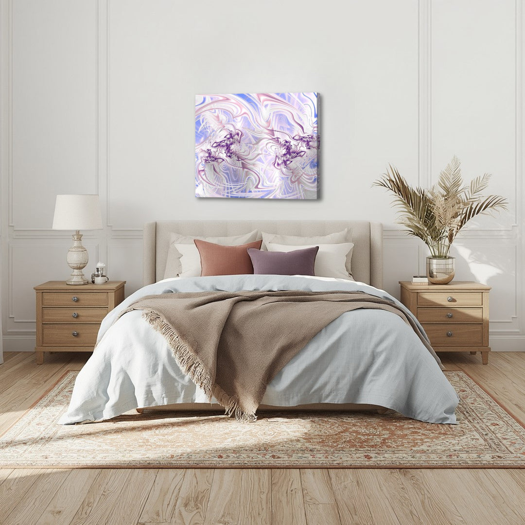 Velvet – abstract fractal canvas art by Patrick Zion displayed above a bed in a serene bedroom setting, featuring soft flowing pastel patterns and delicate textures that evoke tranquility, comfort, and a dreamlike sense of relaxation.