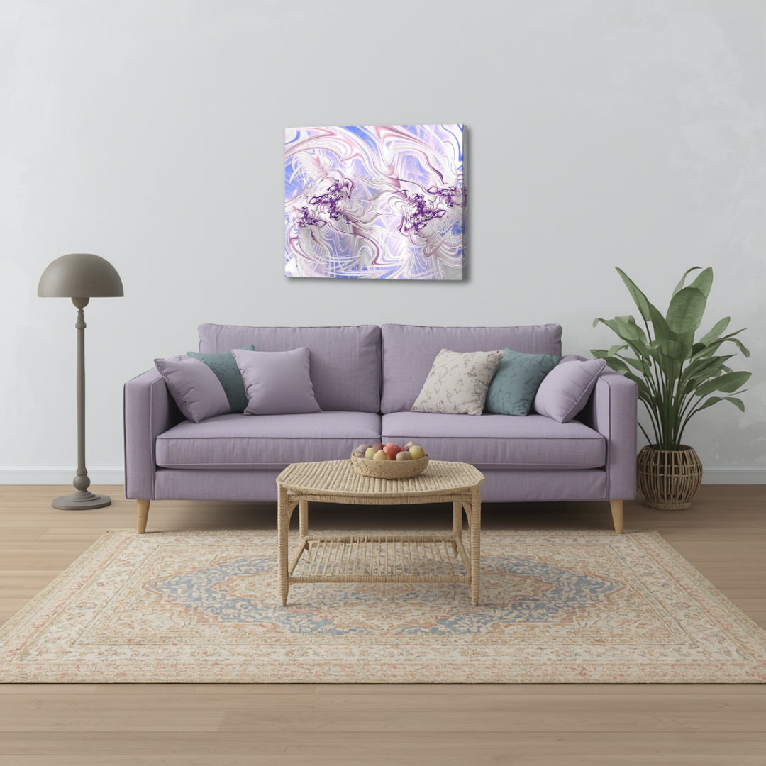 Velvet – abstract fractal canvas art by Patrick Zion displayed above a sofa in a soft modern living room, featuring smooth flowing pastel patterns in lavender tones, adding a refined touch of calm, elegance, and subtle visual harmony to the space.
