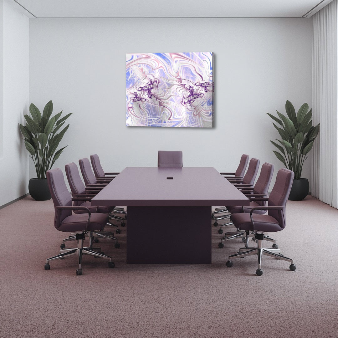 Velvet – soft-toned fractal canvas artwork by Patrick Zion set within a refined office meeting space above a conference table, featuring gentle flowing patterns and muted pastel hues that create a calm, balanced atmosphere while adding a subtle artistic touch to a professional environment.