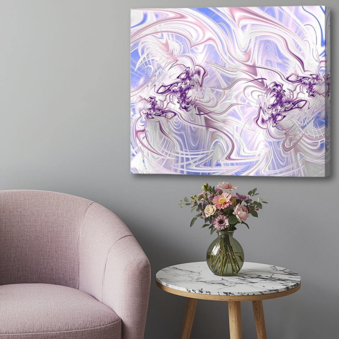 Velvet – dreamy pastel fractal canvas artwork by Patrick Zion displayed in a soft modern interior with an up-close angle, featuring flowing lavender and pearl-toned abstract forms, delicate energy patterns, and ethereal fluid motion.