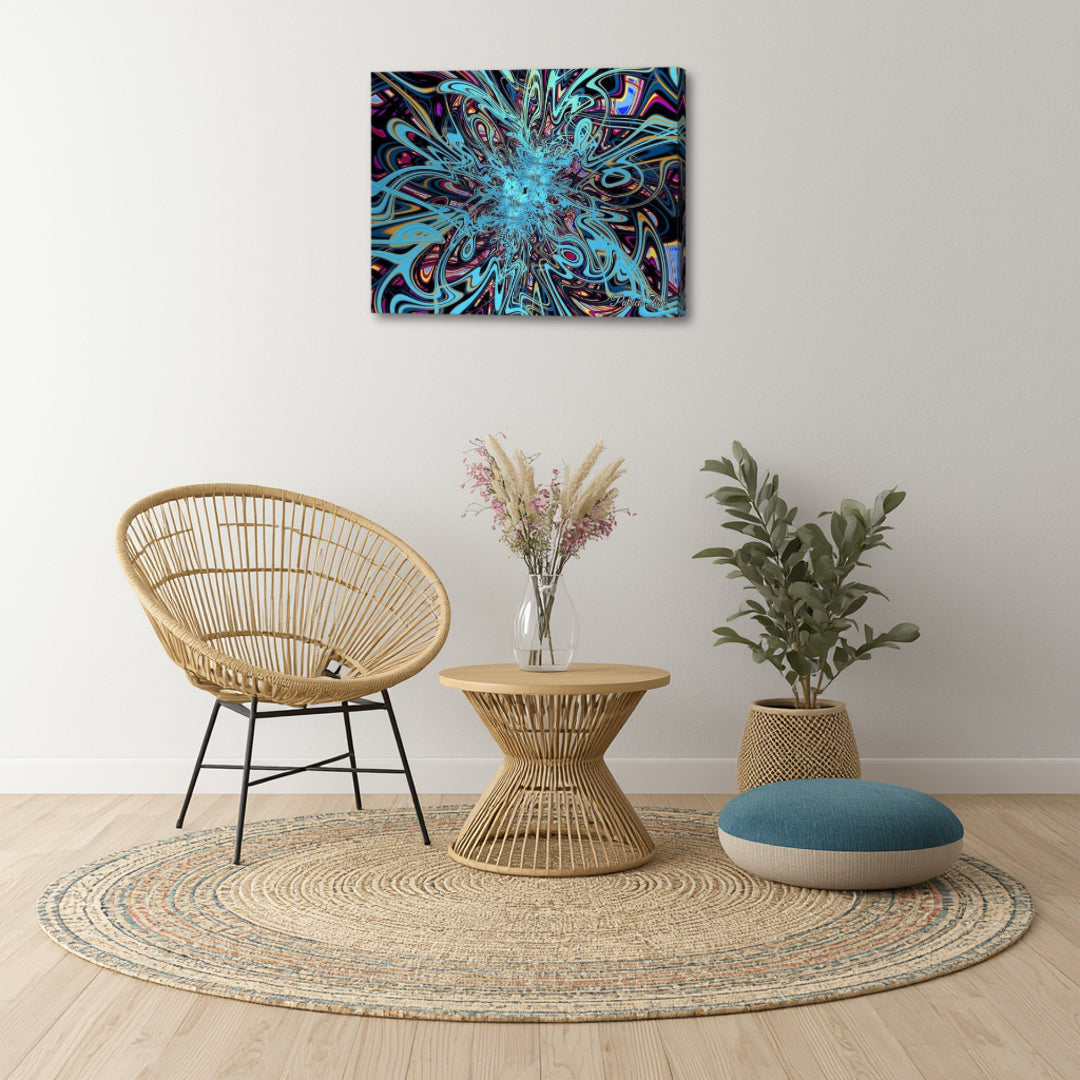 Vibrant Cosmic Swirl artwork by Patrick Zion in a minimalist boho setting, showcasing intricate swirling fractal patterns in vivid blue tones representing energy, movement, and universal harmony.