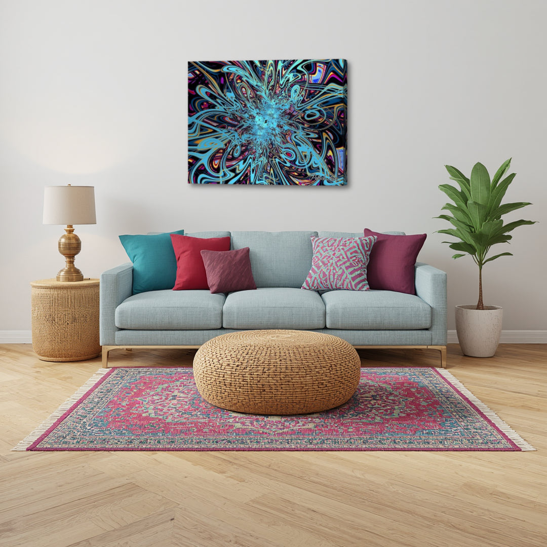 Vibrant Cosmic Swirl by Patrick Zion displayed in a contemporary living room, featuring energetic swirling fractal patterns in vibrant colors representing motion, creativity, and cosmic flow.