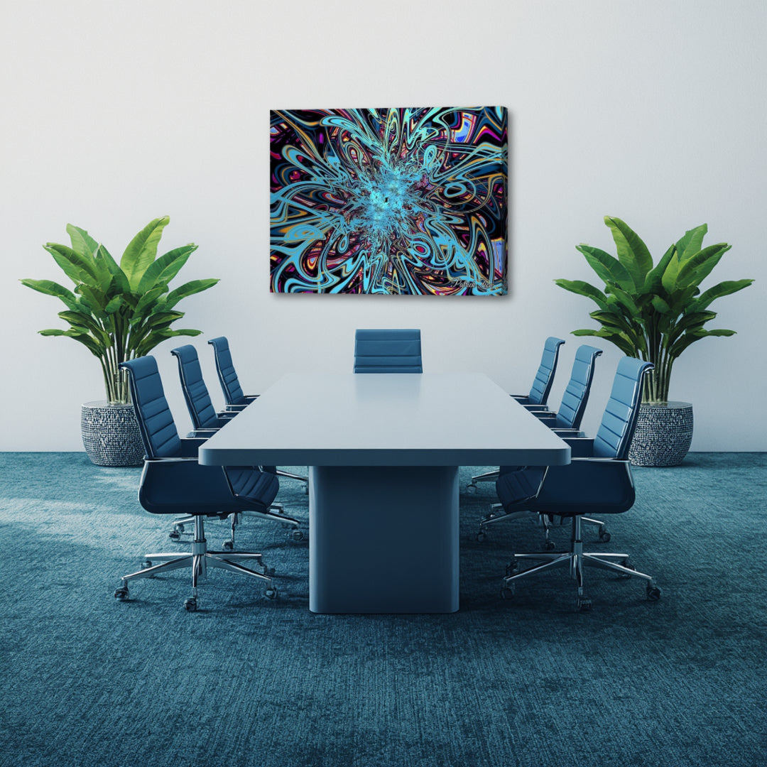 Vibrant Cosmic Swirl canvas wall art by Patrick Zion displayed in a contemporary boardroom. The artwork features an intricate explosion of luminous turquoise and electric blue fractal forms radiating across a dark cosmic background accented with vivid purple, gold, pink, and black tones. The dynamic composition evokes movement, innovation, imagination, cosmic energy, and the endless interconnected patterns of the universe.